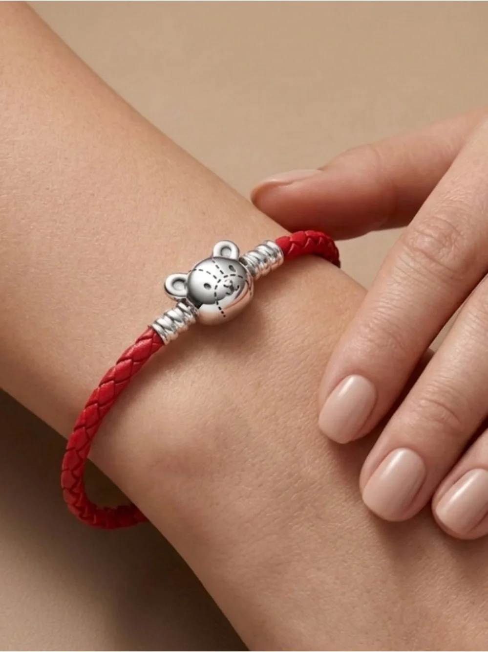 Kids Red Braided Leather Bracelet with Silver Teddy Charm